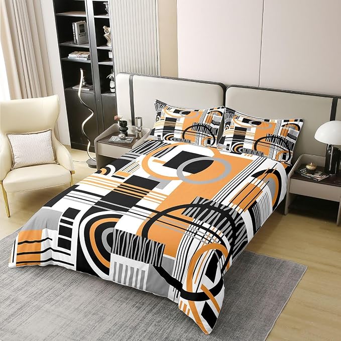 Erosebridal Art Deco Mid Century Duvet Cover Set Retro Modern Abstract Geometric 100% Cotton Comforter Cover Black and White Yellow Circles Stripes King Bedding Set, Contemporary Bed Sets
