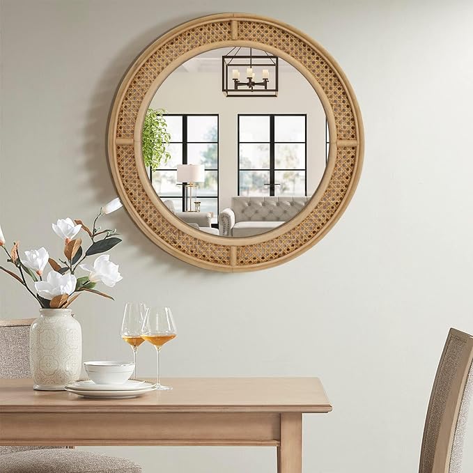 FLORA Round Rattan Wall Mirror with Wooden Framed, Modern Boho Decorative Mirror for Bathroom, Entry, Living Room, Bedroom, 24 Inch
