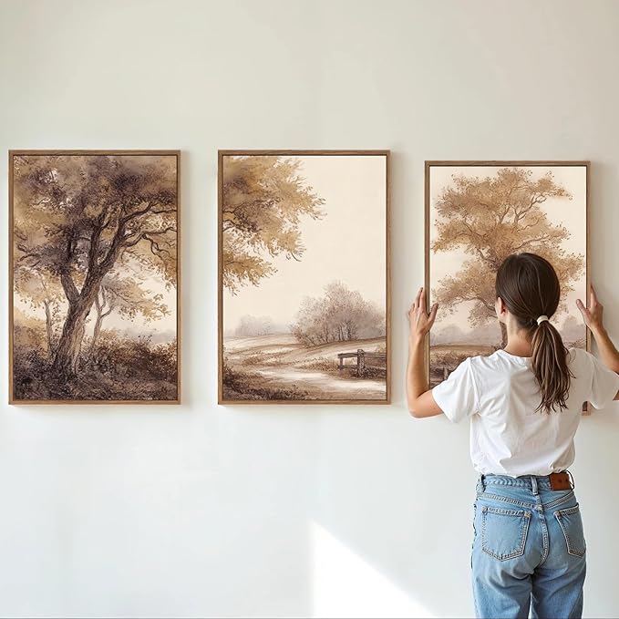 Rantodecor Vintage Landscape Framed Canvas Wall Art Triptych, Rustic Tree Sketch Wall Decor, Large Claming Nature Forest Art Paintings, Modern Relax Farmhouse Artwork for Bedroom Living Room 16"x24"x3