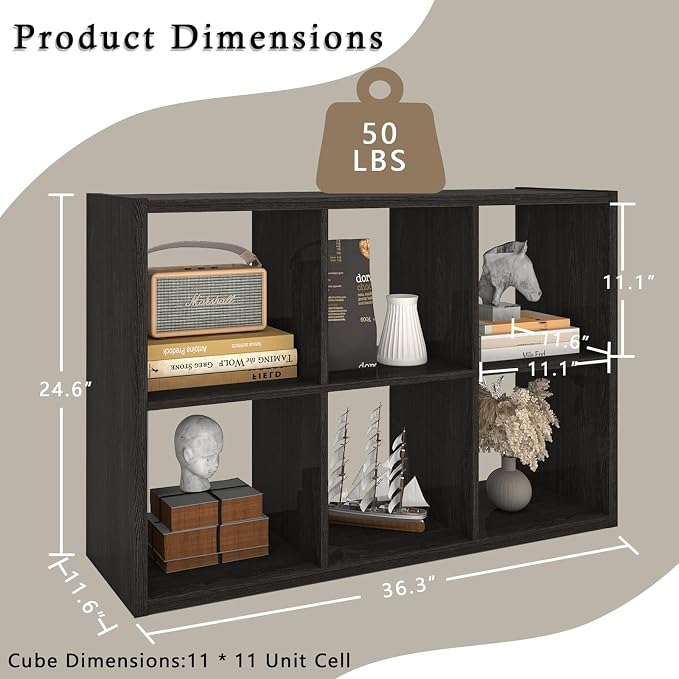 Endearing Limons【2026 Wooden Thick Border 6 Cube Shelf Storage Organizer with Anti-Tipping Kits + Reversible Open Back Bookcase (11x 11 Unit Cell Chocolate)