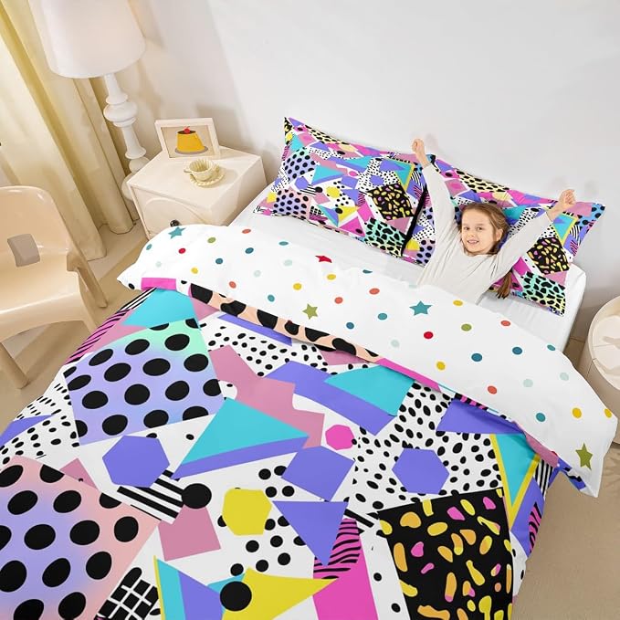 Leopard Print Bedding Set Queen Size Gradual Rainbow Wild Animal Skin Duvet Cover,Vintage 80s 90s Memphis Comforter Cover Mens Hipster Hip-Hop Geometric Quilt Cover Wildlife Fur Spot Room Decor