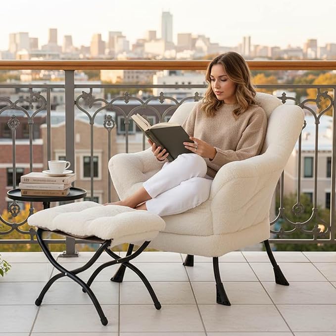 Tiita Lazy Chair with Ottoman, Beige Modern Large Accent Chair, Comfy Leisure Sofa Armchair with Ottoman, Reading Chair with Footrest for Bedroom, Living Room, Dorm Rooms, Plush Beige
