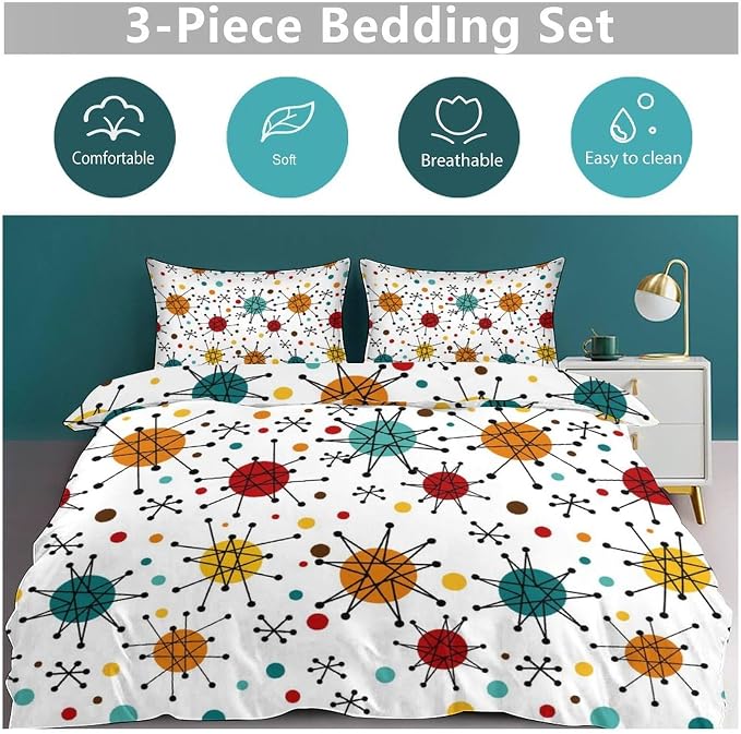 Mid Century Bedding Set,Modern Geometric Atomic Abstract Iconic Pattern 1950s 1960s Retro Style Comforter Set with Pillowcase for Bedroom Bed Decor,Queen 90"x90"