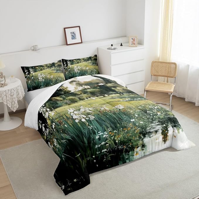 Erosebridal Vintage Floral Toddler Bedding Set Rustic Wildflowers Aesthetic Comforter Set Countryside Oil Painting Scenery Down Comforter for Kids Teens Country Plants Flowers Bed Set Bedroom Decor