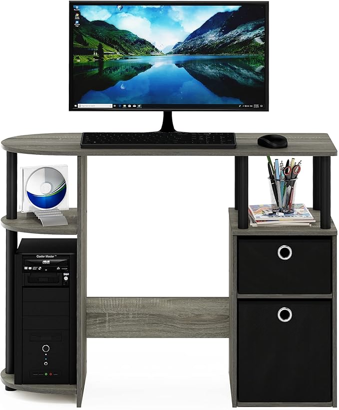 Furinno JAYA Desk, 38.4" Wide Gaming Desk with Bin Drawers, Computer Desk with Side Shelf, Office Desk for Study, Home Office, Bedroom, Dorm, Study Room, French Oak