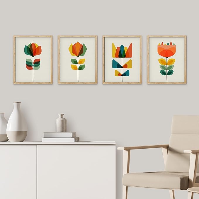 SIGNWIN Framed Mid-Century Modern Retro Botanical Flower Garden Wall Art, Set of 4 Abstract Geometric Wall Decor Prints, Nature Wilderness Wall Décor for Living Room, Bedroom - 8"x10" Natural