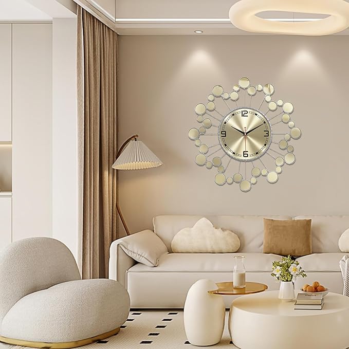 Mid Century Modern Silver Silent Wall Clock Non Ticking for Living Room, 23 inch Decorative Round Black Clock for Wall, Unique Metal Fancy Clock Wall Decor for Bedroom Entryway
