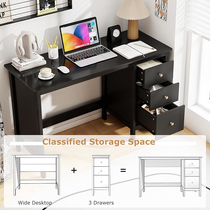 Tangkula Black Desk with Drawers, Modern Home Office Computer Desk with Storage Drawers & Spacious Desktop, Compact Writing Study Desk Laptop Desk for Bedroom, Multipurpose Computer Workstation