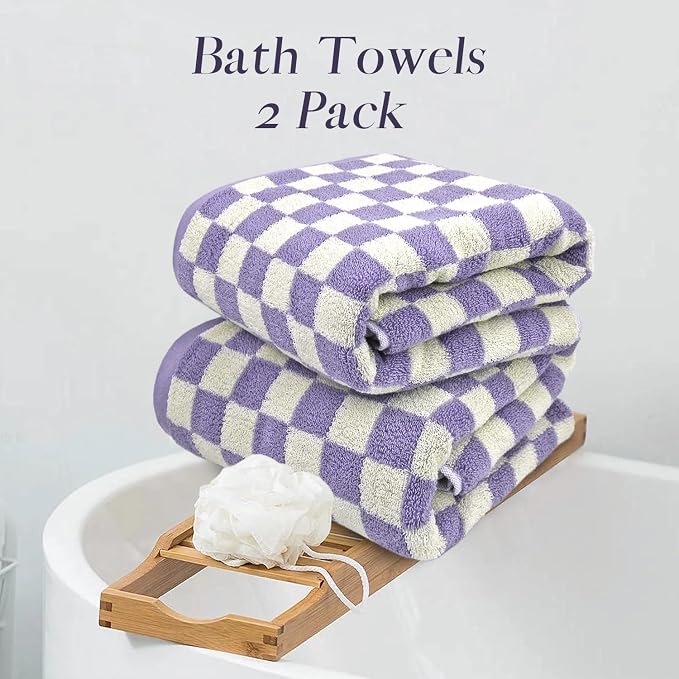 Jacquotha Shower Towels for Bathroom 27.5x55 Inches - Quick Dry Bath Towels Soft & Lightweight (2Pack), Cute Checkered Towel Sets Lilac, 520 GSM Absorbent Cotton