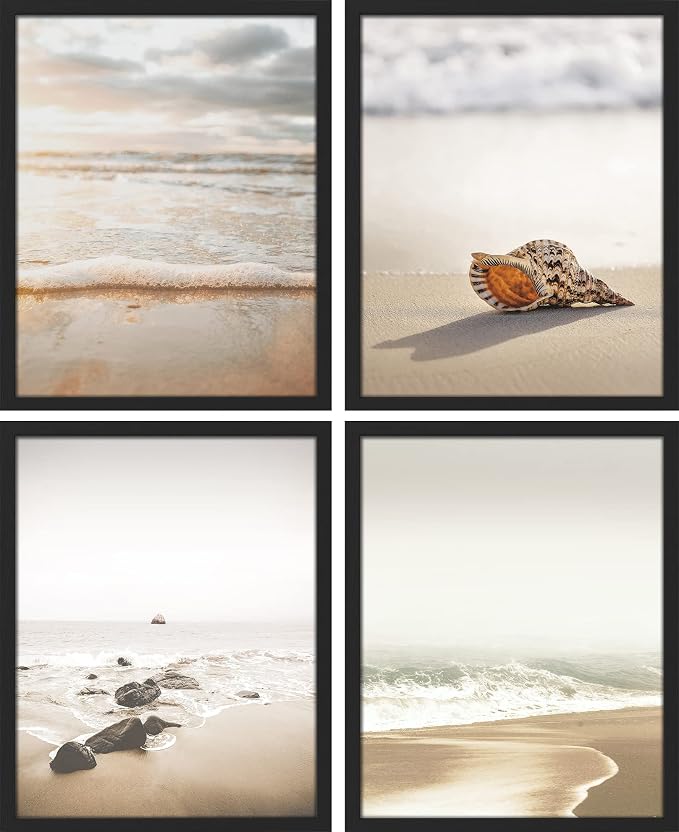 SIGNWIN Framed White Minimal Beach Shore Ocean Sea Seashell Wall Art, Set of 4 Landscape Colorful Wall Decor Prints, Nature Wilderness Wall Décor for Living Room, Bedroom - 11"x14" Black
