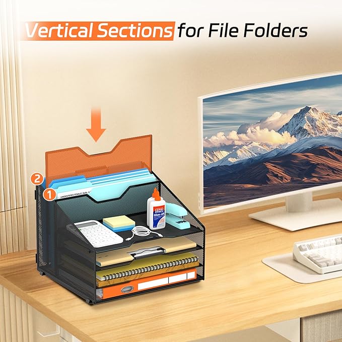 SUPEASY Desk File Organizer with 4 Letter Trays and 2 Vertical Sections, Heavy-Duty Metal Mesh Paper Organizer for Office, Home, Workspace – Black