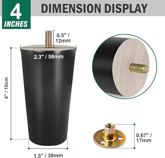 FoDau770 Black Rubber Wood Furniture Legs 4 Inches, Straight Tapered Wood Feet Mid Century Sofa Legs Set of 4, 5/16" UNC Furniture Feet for Cabinet Couch Dresser Chair Ottoman Table