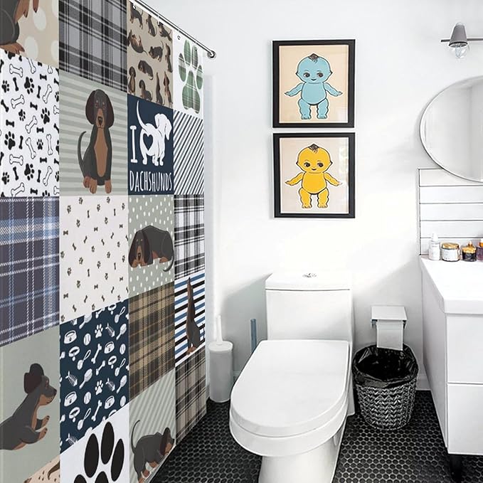 Dachshund Print Shower Curtain Dog Grey Brown Plaid Funny Animal Patchwork Pattern Duty Fabric Shower Curtains Set Bathroom Polyester Waterproof with 12 Hooks, 66x72Inch（168x183cm）