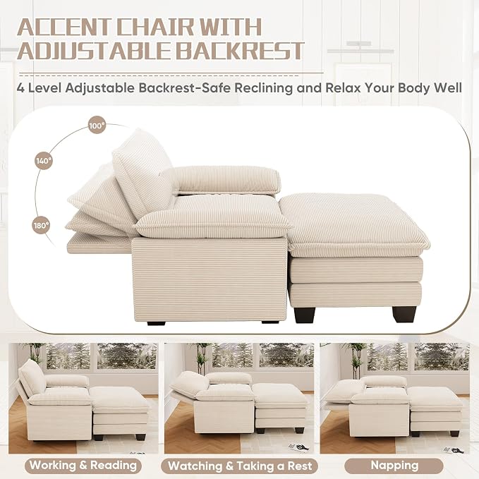 Chaise Lounge Chair Indoor, Oversized Accent Chairs with Ottoman, Luxury Corduroy Upholstered Deep Seat Sleeper Sofa Reading Chairs and A Half with Pillows for Living Room, Bedroom, Apartment,Beige