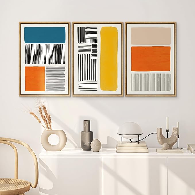 SIGNWIN Framed Canvas Print Wall Art Set Mid-Century Bright Color Block Collage Abstract Shapes Illustrations Minimalism Bohemian Decorative for Living Room, Bedroom, Office - 16"x24"x3 Natural