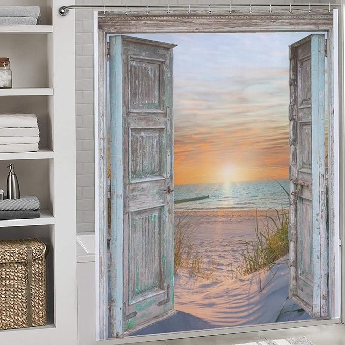 Beach Coastal Shower Curtain,Ocean Sunrise Seaside Seascape Nautical Beachy Shower Curtain,Rustic Barn Door Seashore Fabric Waterproof Bathroom Curtain with Hooks,72x78Inch
