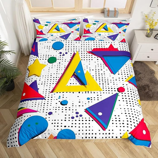 80s 90S Fashion Style Bedding Set Queen Size,Retro Memphis Style Pattern with Geometrical Shapes Duvet Cover for Kids Child,Funky Hipster Old Fashioned Comforter Cover Geometric Bedroom Decor