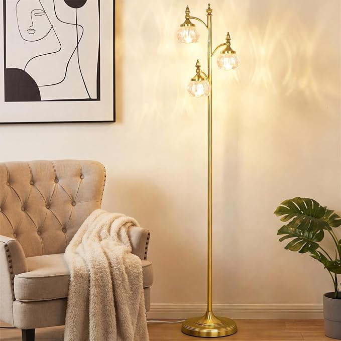 JUNNAI Floor Lamp Gold Glass Brass 66.5in Tall Standing Lamp for Living Room with 3 Brightness Lights Vintage Tree Flower Lamp for Bedroom Office(3LED Bulbs Included)
