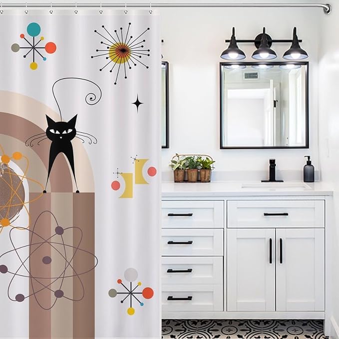 Atomic Cat Shower Curtain,Mid Century Modern Funny Black Cat Geometric Arched Abstract Modern Art Minimalist Boho Bathroom Curtain Polyester Waterproof Fabric Decor 72x72in（183x183cm）