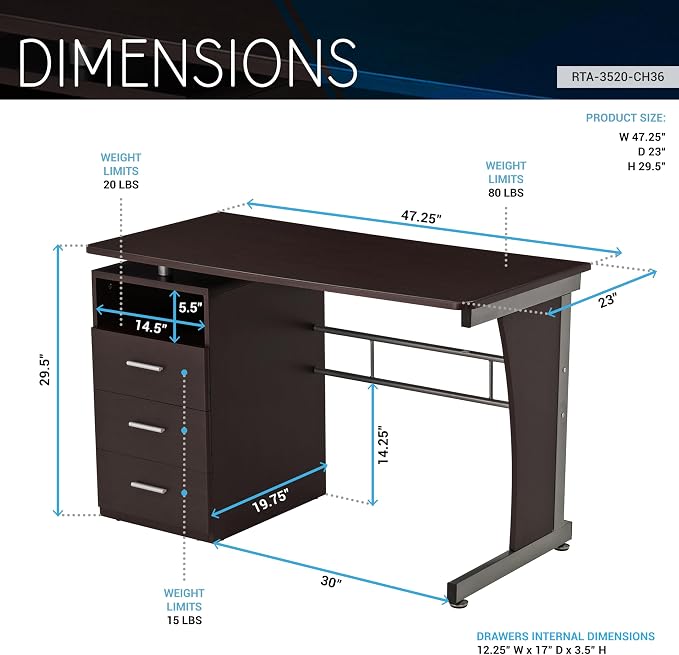 48" W Computer Desk with Drawers, Home Office Desk with Storage, Heavy Duty and Water Resistant Study Table, Chocolate Brown