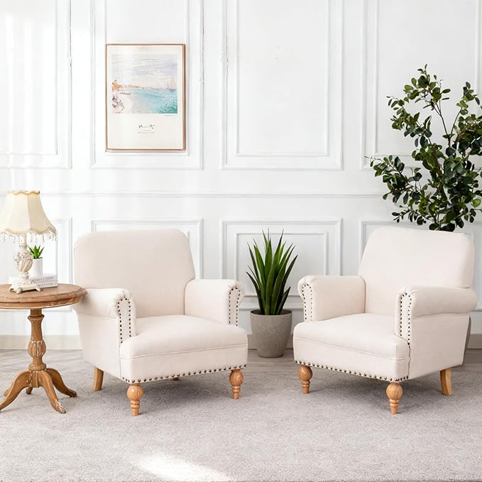 Linen Accent Chair Mid-Century Modern Living Room Armchair with Nailhead Trim & Wood Legs Comfy Upholstered Single Sofa Chair for Lounge/Bedroom/Reception, Cream