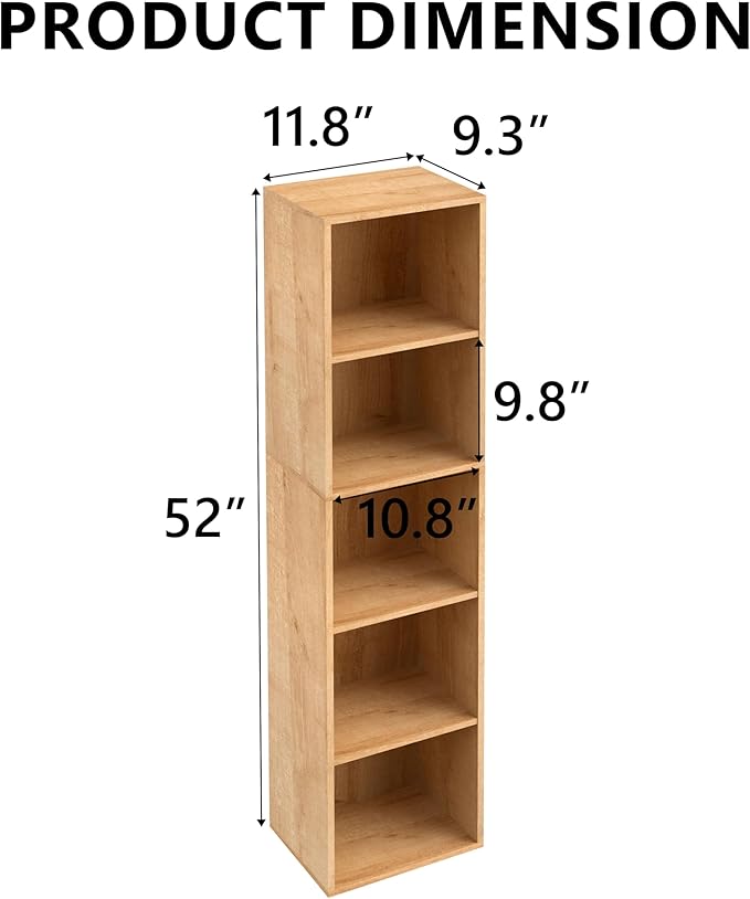 5-Tier Wooden Cube Storage Organizer, 52 Inch Tall Bookcase & Display Shelf with 5 Open Cubes, Freestanding DIY Closet Shelving Unit for Living Room Bedroom Office (Oak, 5 Cube-W(11.8inch)
