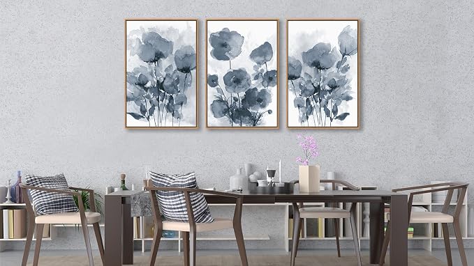 arteWOODS Botanical Framed Wall Art - Abstract Watercolor Style Pictures Grey Blue Floral Wall Decor Minimalist Prints Aesthetic Flowers Painting Artwork 20" x 28" Set of 3 Natural Framed