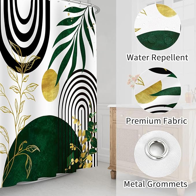 Olive Green and Gold Boho Mid Century Shower Curtain, Modern Minimalist Leaf Arch Sun Shower Curtains for Bathroom Waterproof Fabric Bath Curtain 72x72 Inch with 12 Hooks