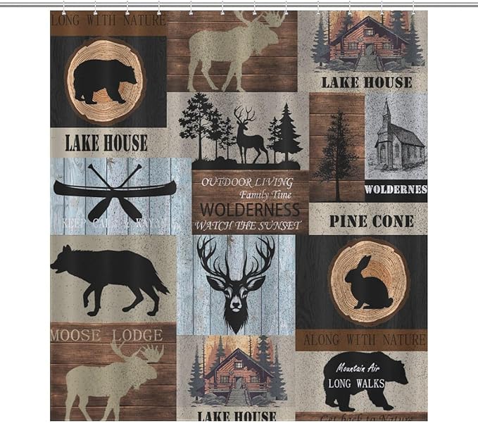 Rustic Cabin Shower Curtain Bear Deer Forest Wildlife Country Lodge Hunting Camping Animal Farmhouse Vintage Waterproof Shower Curtains for Bathroom Decor 12 Pack Hooks 66x72in（168x183cm）