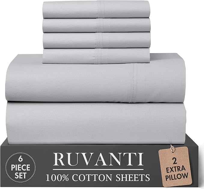 RUVANTI 100% Cotton Percale Sheets Full Size 6 Piece Set, Cooling Bed Sheets for Hot Sleepers, Deep Pocket 16”, Breathable Lightweight & Durable, Crisp Hotel Style Sheets, Cloud Gray