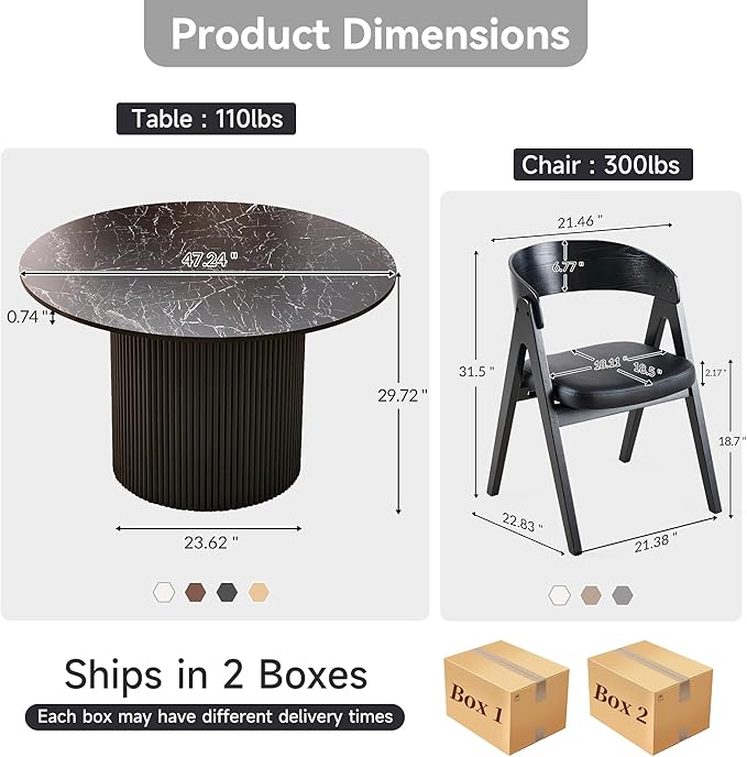Howtek 47″ Round Dining Table Set for 4-6 People, 5 Piece Modern Kitchen Table with Faux Black Marble Wood Grain Finish & 4 PU Leather Upholstered Dining Chairs（Curved Backrest & Solid Wood Legs ）