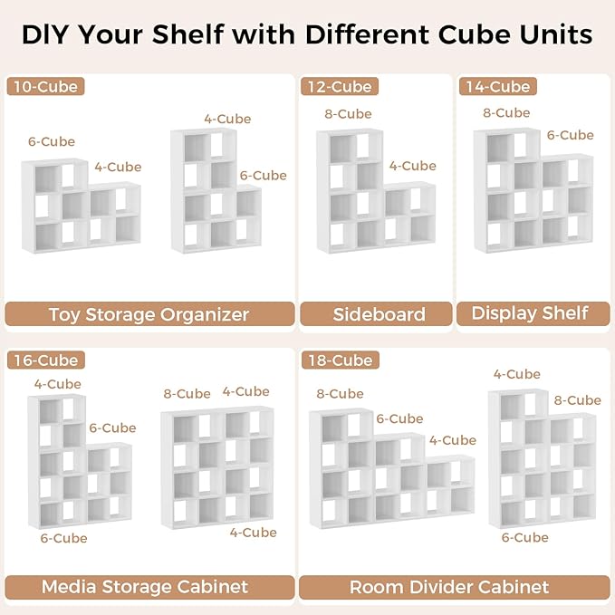 LUCKLIFE 6-Cube Storage Organizer, Stackable Modular Bookcase Shelf with Vertical or Horizontal Use, Fits 11×11" Bins, Optional Back Panels, for Living Room, Office, White