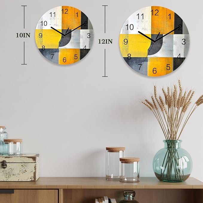 Abstract Style Wall Clock Battery Operated Non-Ticking 10" Round Wood Clocks, Gary Yellow Color Block Oil Painting Kitchen Wall Clock for School Bathroom Living Room Home Office Wall Decor