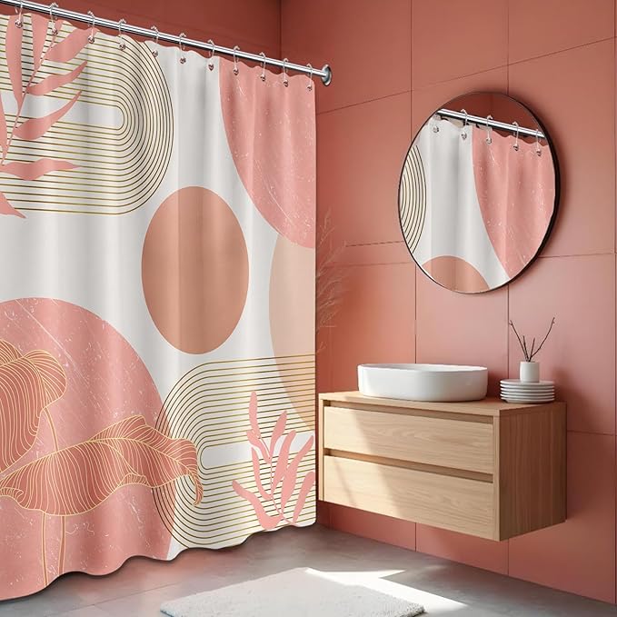 Coral Shower Curtain White and Peach Color Shower Curtains for Bathroom Decor Abstract MCM Girls Bath Curtain Set, Waterproof Fabric with Hooks 70 x 72 Inch
