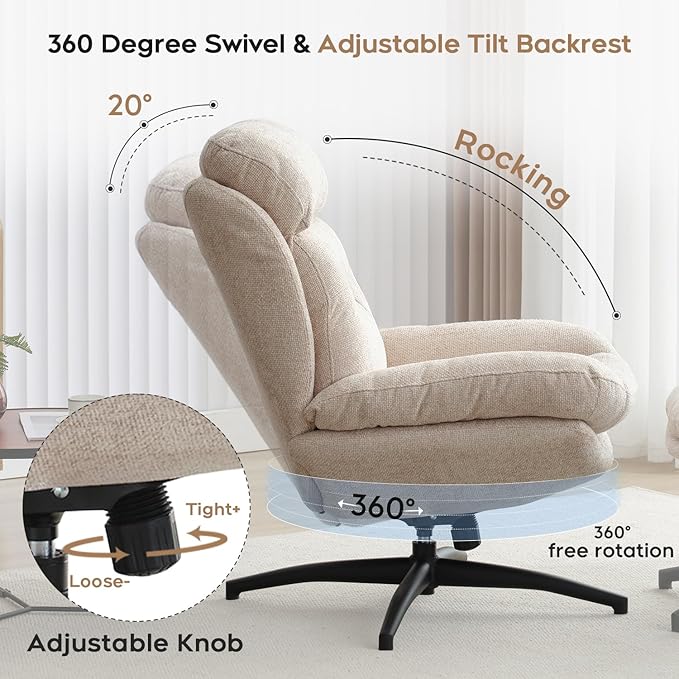 Swivel Accent Chair with Ottoman Set for Living Room, Chenille Comfy Reading Chair with High Back, TV Lounge Chair with 360 Degree Swiveling, Tilting for Bedroom, Modern Armchair with Footrest, Beige