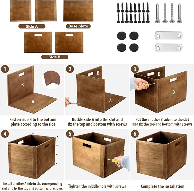 Menkxi 4 Pcs Stackable Wood Storage Cube for Shelves Closet Wooden Bins Box Wood Crates Storage Baskets Container for Toy Books Clothes Home Office, Dark Brown(14 x 10 x 10 Inch)