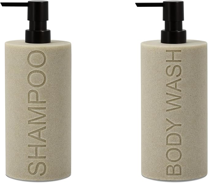 Resin 2 Pack Shampoo, Conditioner or Body Wash Dispenser Set, Luxurious Refillable Pump Bottles with Matte Pump Top and Embossed Text, Durable Design for Bathroom and Shower