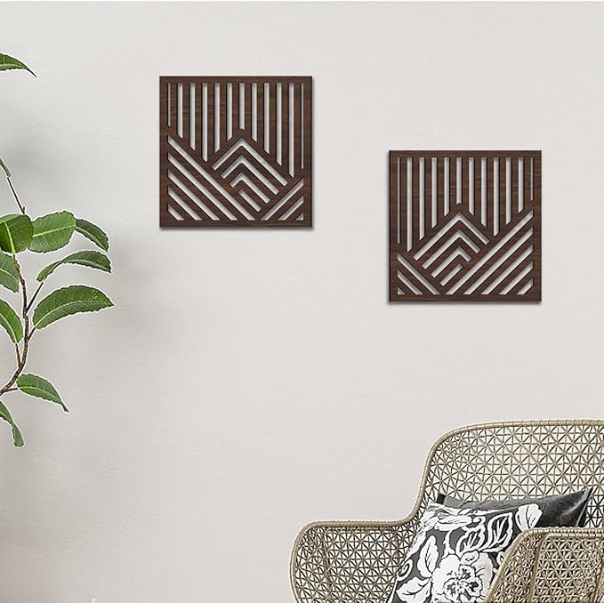 2Pcs Geometric Wood Wall Art Boho Abstract Wall Decor Wood Abstract Wall Panels for Bedroom Home Office Decoration, Walnut Color