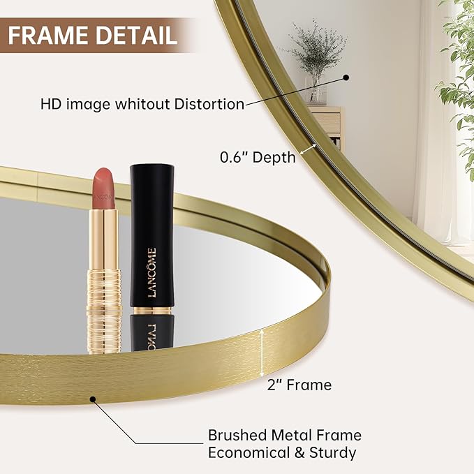 Gold Oval Mirror, 24"x36" Oval Bathroom Mirror, Brushed Gold Mirror with Aluminium Alloy Frame, Anti-Rust, Tempered Glass