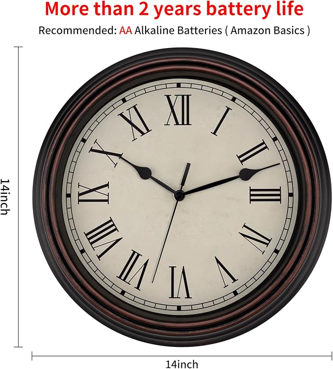 Foxtop 14 Inch Roman Numerals Wall Clock Battery Operated Silent Non-Ticking Round Classic Vintage Retro Wall Clock Decorative for Living Room Kitchen Home Office (Bronze)