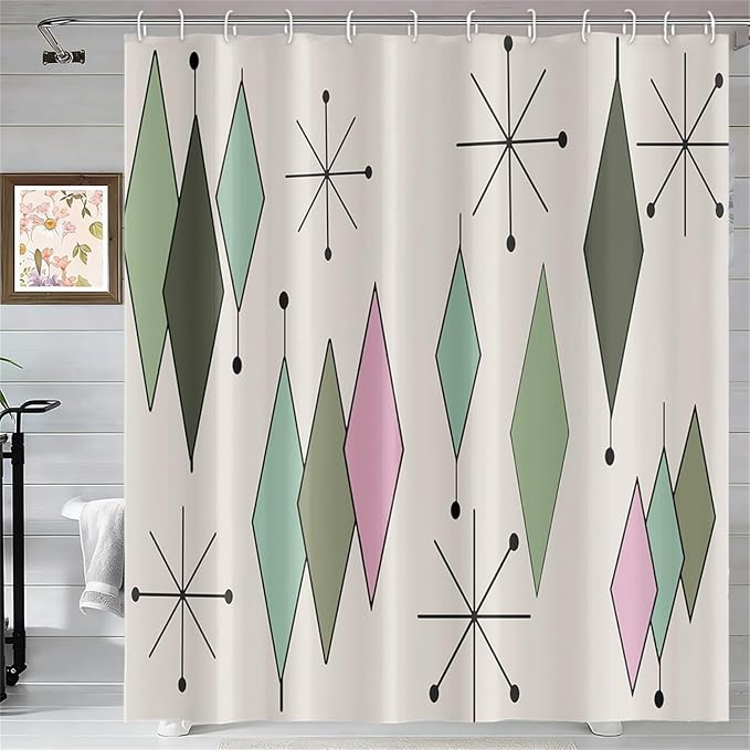 Mid Century Shower Curtain Modern Abstract Green Pink Diamond Geometric Atomic Starburst Pattern for 1950s Retro Bathroom Decor Accessories Shower Curtain Set with 12 Hooks, 72x72 Inches