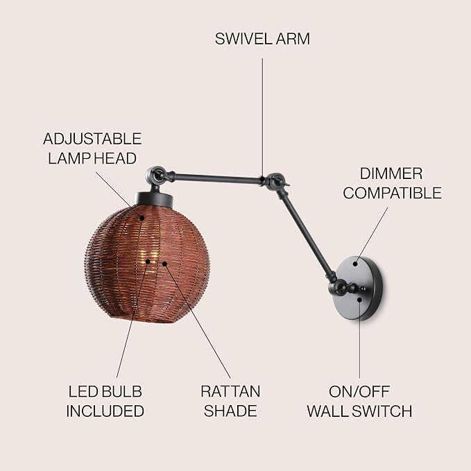 JONATHAN Y 22" Black/Dark Brown 1-Light Rattan and Iron Swing Arm LED Sconce, Mid-Century Vintage Bohemian Globe Wall Lamp, Adjustable Reading Light, LED Bulb Included JYL1604A