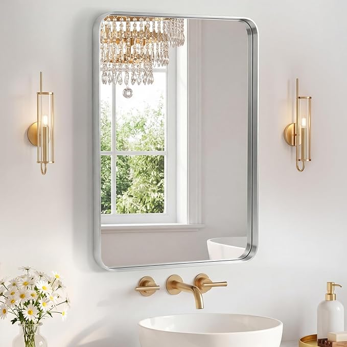 NEWBULIG 20X28 Inch Bathroom Mirror for Over Sink, Wall Vanity Mirrors Tempered Glass, Anti-Rust Metal Framed Rounded Rectangle, Hangs Horizontally or Vertically, Farmhouse Home Decor, Silvery