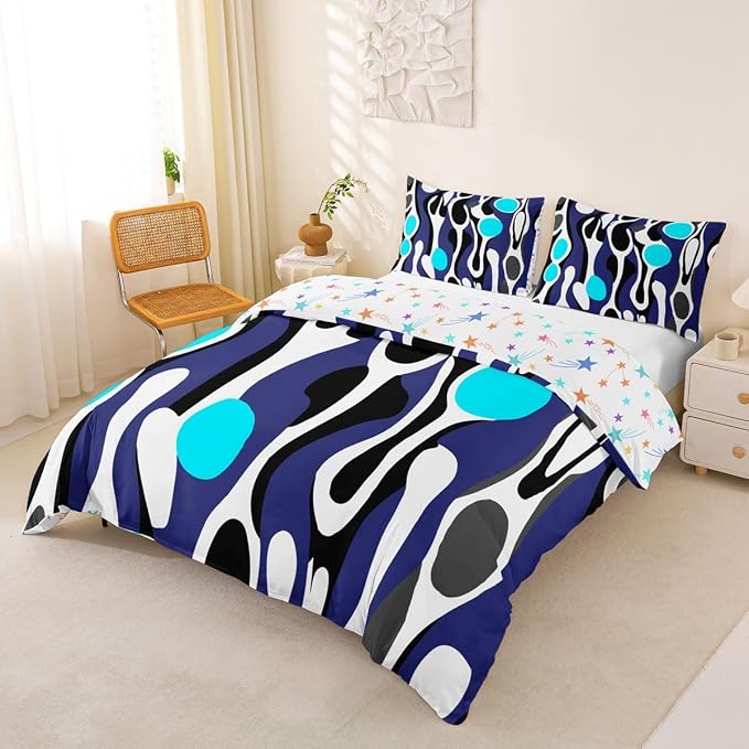 Erosebridal Organic Abstract Duvet Cover Set Modern Contemporary Girl Toddler Bedding Set for Little Boys Boho Mid Century Wavy Lines Comforter Cover Retro Geometric Bed Sets,Dark Blue Cyan