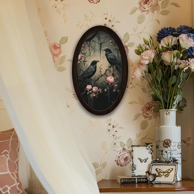 UYIKG Vintage Gothic Crow Oval Wall Art, Moody Dark Rose Crow Oval Wall Decor, Vintage Black Raven Floral Wooden Framed Decor for Home Bedroom Living Room Reading Room 9x14.6 in