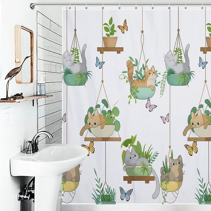 Cat Shower Curtain,Rustic Farmhouse Hanging Potted Plants Funny Animals Bathroom Curtain Polyester Waterproof Fabric Decor 72x72in（183x183cm）