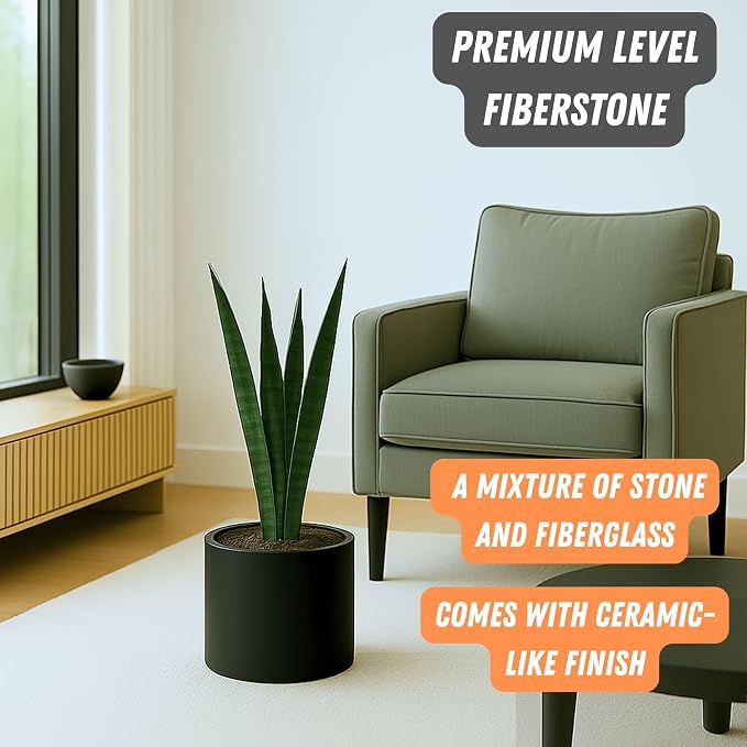 Fox & Fern Large Indoor Planter, Modern Large Plant Pot for Indoor or Outdoor, UV and Frost Resistant - 8 Inch, Fiberstone, Matte Black Flower Pot with Drainage Plug, Lightweight