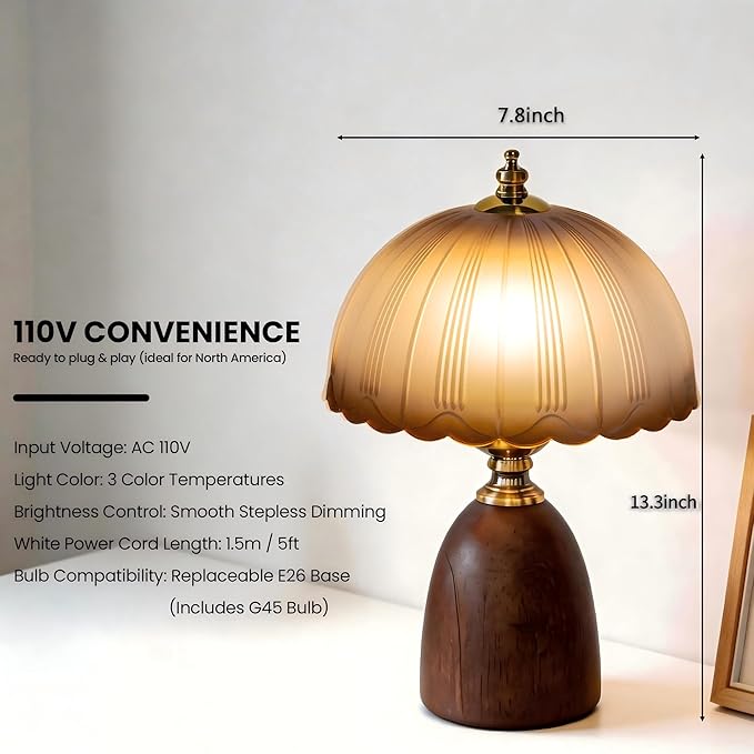 13“ Mid-Century Modern Amber Small Table Lamp, Vintage Scalloped Gradient Glass Bedside Lamp for Bedroom Living Room, Solid Walnut Wood Style Base 3-Color Dimmable LED, Aesthetic Decor Gift