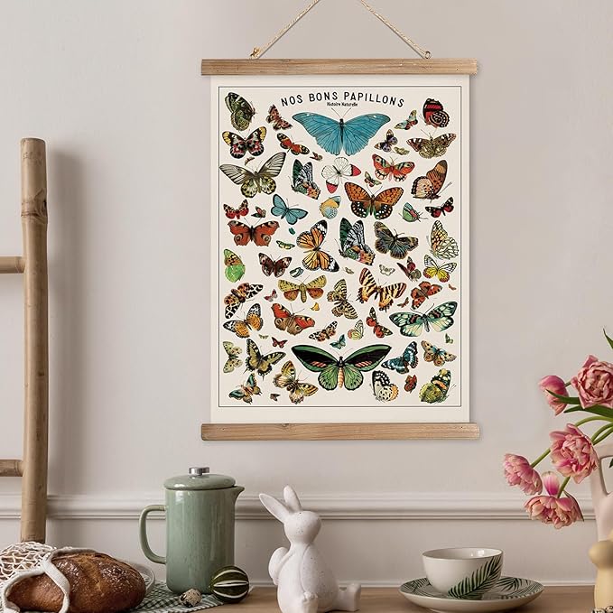 XIAOAIKA Vintage Butterfly Species Poster - Illustrated Educational Chart with Wooden Frame - Entomology Wall Art for Nature Lovers, Classrooms, and Home Decor 20 x 30 Inches