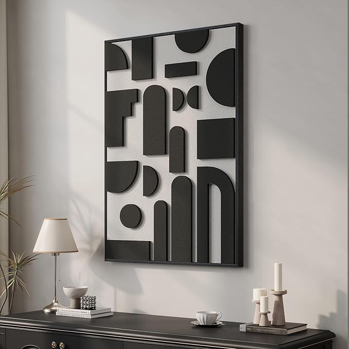 Framed 3D Black and White Abstract Wall Art, Modern Geometric Block Artwork for Walls, Minimalist Shape Pictures for Living Room Bedroom Dining Room Hallway Home Office Wall Decor, 24x36 In